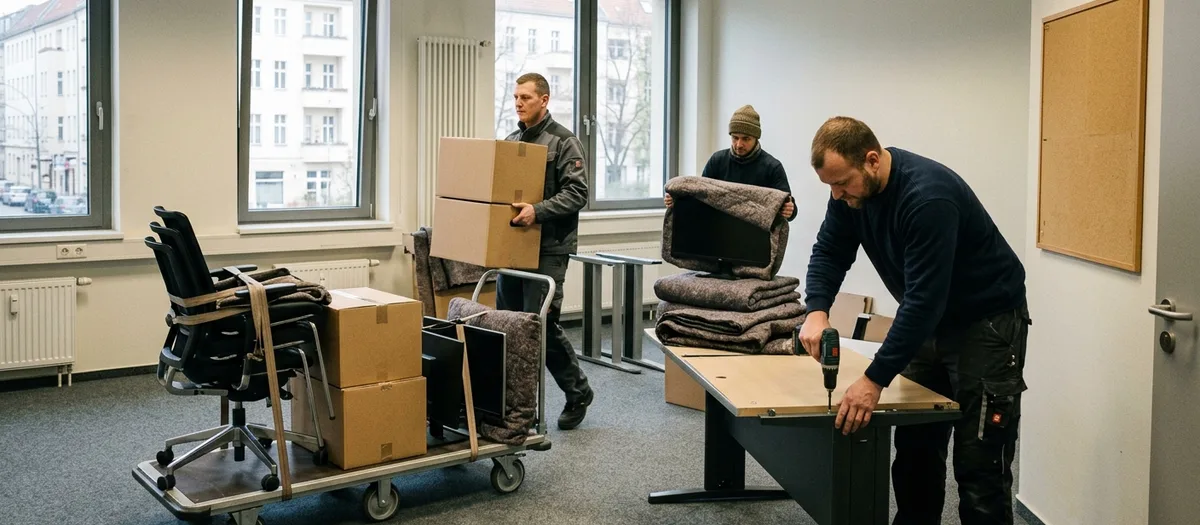Büroumzug im Großraumbüro: Ein Mitarbeiter löst mit dem Akkuschrauber eine Schreibtischplatte, daneben stehen gestapelte Bürostühle, Kartons auf einem Rollwagen und ein in Packdecken gewickelter Monitor.