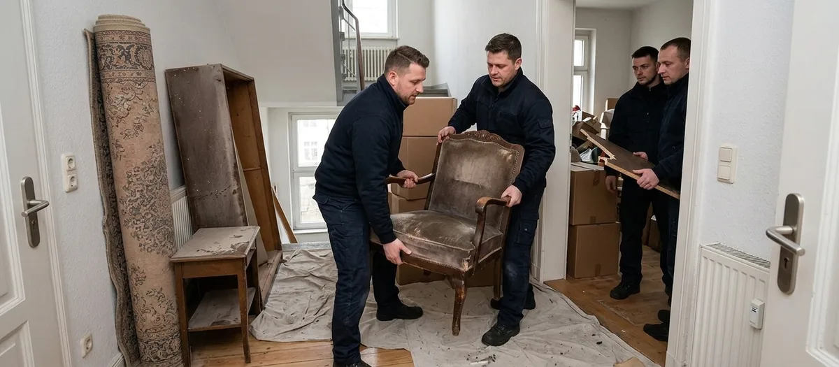 Entrümpelung einer Wohnung: Zwei Männer tragen einen abgewetzten Polstersessel über ausgelegtes Vlies zur Tür, daneben lehnen ein aufgerollter Teppich und ausgebaute Schrankteile an der Wand.