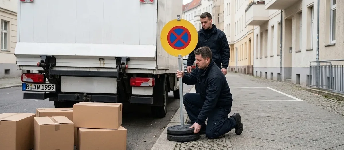 Ein Mitarbeiter kniet am Bordstein, richtet ein gelbes Halteverbotsschild auf dem Ständer aus und legt einen Gummifuß auf die Grundplatte, hinter ihm steht der Umzugswagen mit abgestellten Kartons.
