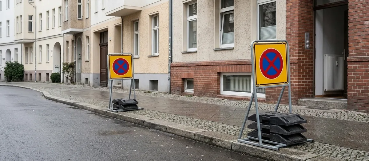 Zwei gelbe Halteverbotsschilder auf transportablen Ständern mit Gummifüßen am Bordstein, dahinter liegt die freigehaltene Parkfläche vor einer Häuserzeile.