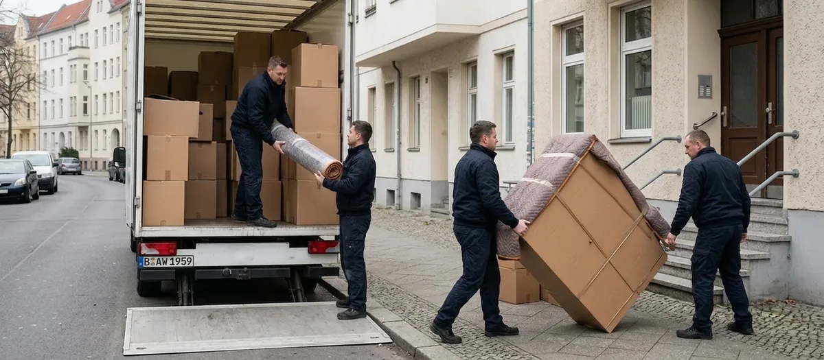 Vor einem Altbau wird verladen: Ein Träger reicht einen eingerollten Teppich aus dem vollgeladenen Kastenwagen, zwei Kollegen tragen einen in Decken gepackten Schrank die Eingangsstufen hinauf.