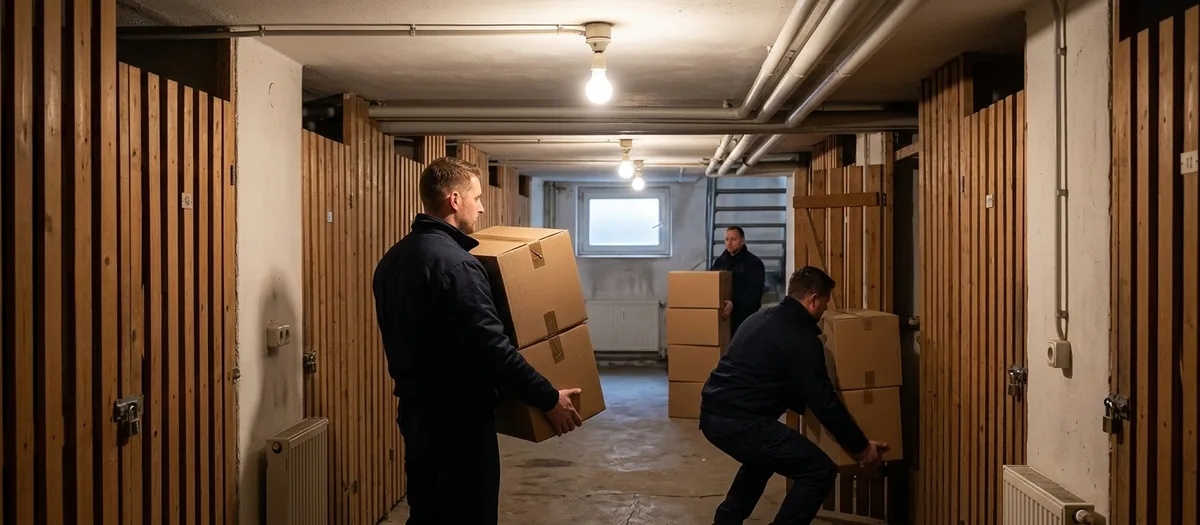 Kellergang mit Holzverschlägen unter nackten Glühbirnen: Ein Träger bringt zwei gestapelte Kartons heraus, zwei Kollegen räumen im Hintergrund weitere Kisten in einen Verschlag.