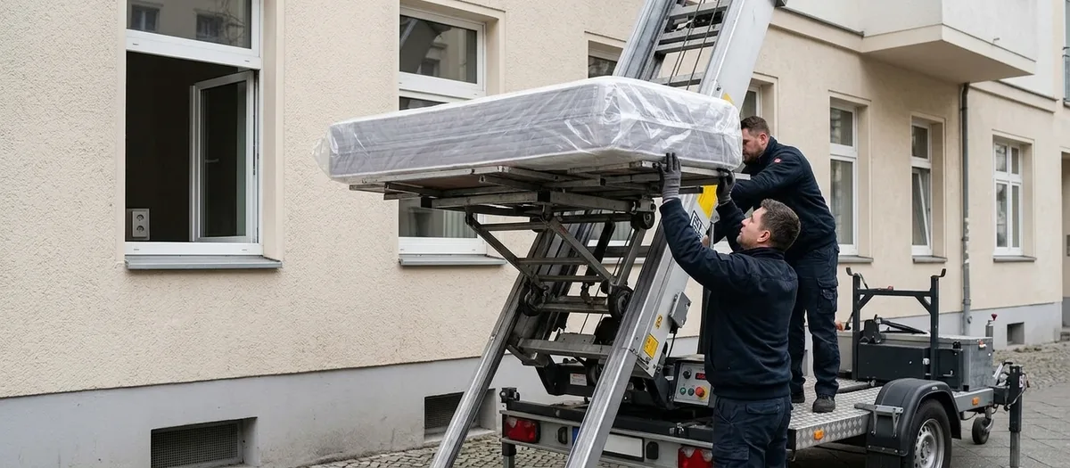 Zwei Träger schieben eine in Folie gewickelte Matratze auf die Plattform eines Möbellifts, der auf einem Anhänger vor einer Hausfassade steht