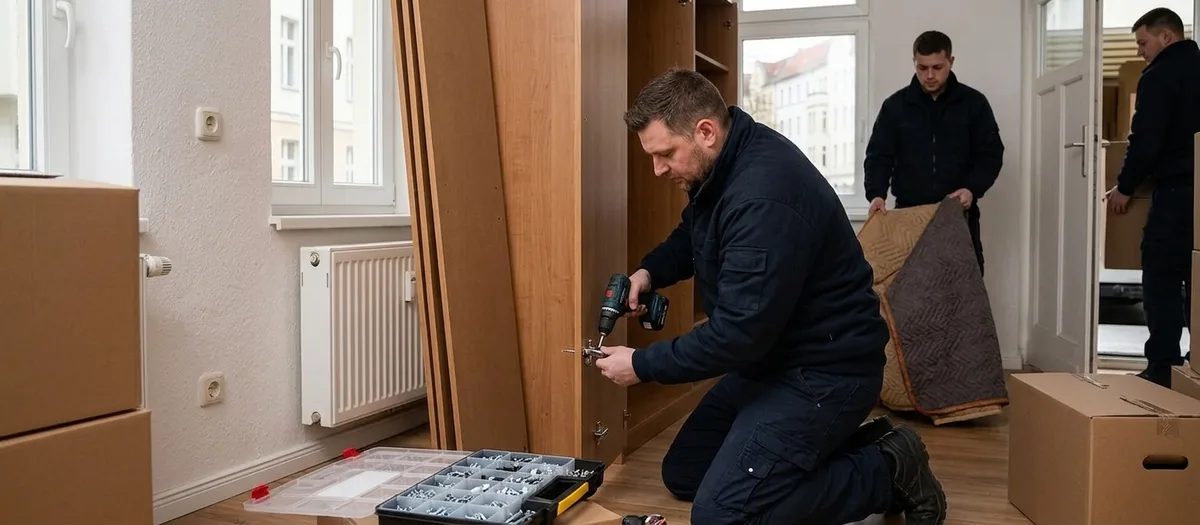 Ein Monteur kniet vor einem zerlegten Kleiderschrank und setzt mit dem Akkuschrauber einen Beschlag, daneben ein offener Sortimentskasten mit Schrauben