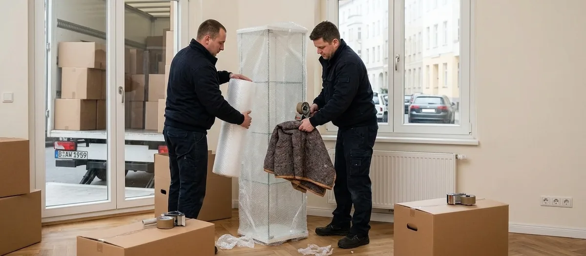 Zwei Träger schlagen eine schmale Glasvitrine in Luftpolsterfolie ein und legen eine Packdecke darum, rundherum stehen gepackte Kartons