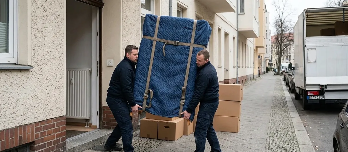 Zwei Umzugshelfer tragen einen hoch aufragenden, blau abgedeckten und gegurteten Schrank aus einem Hauseingang auf den Gehweg, dahinter stehen gepackte Kartons und ein weißer Kastenwagen.