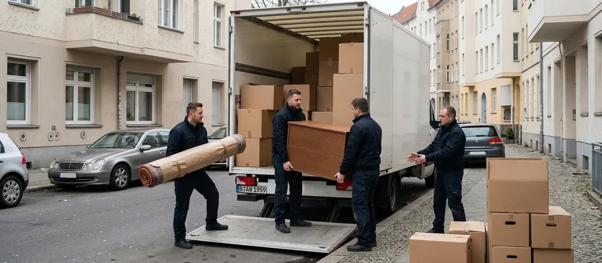 Vier Träger beladen einen weißen Möbelkoffer in einer schmalen Wohnstraße: Einer trägt einen eingeschlagenen Teppich heran, zwei setzen einen dunklen Holzschrank auf die Ladefläche, rechts stapeln sich Kartons.