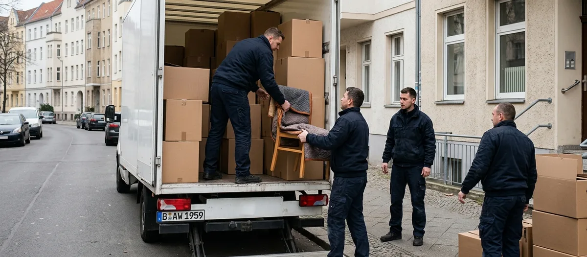 Vier Träger am offenen Heck eines weißen Koffer-Lkw, einer reicht einen in Decken geschlagenen Holzstuhl aus dem beladenen Laderaum herunter