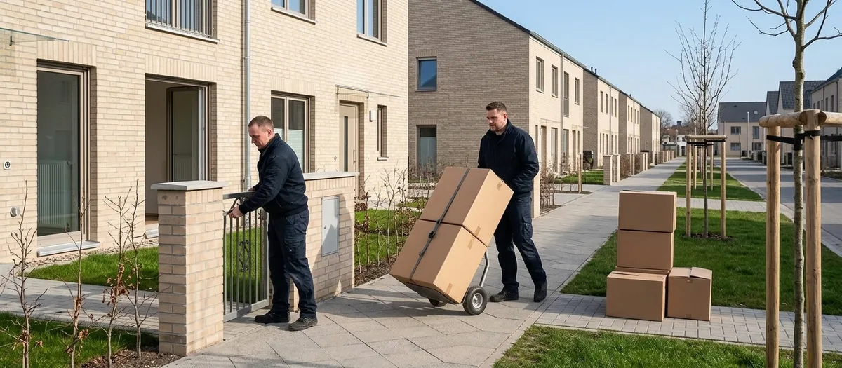 Neubausiedlung mit hellen Klinkerreihenhäusern unter blauem Himmel: Ein Träger schiebt eine mit zwei großen Kartons beladene Sackkarre über den Gehweg, ein Kollege öffnet das Gartentor.