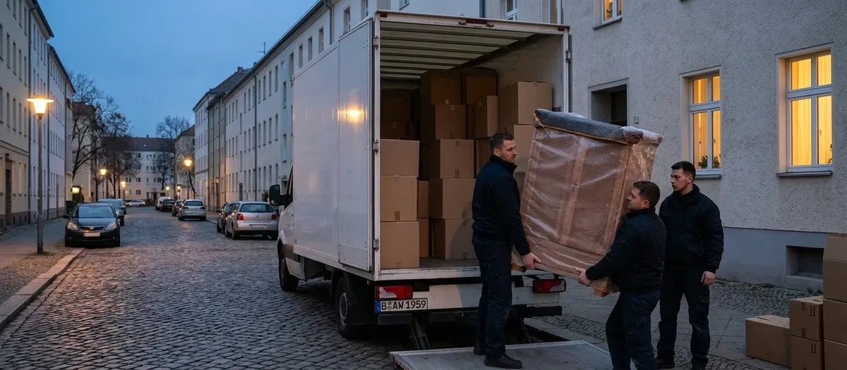 Dämmerung über einer Kopfsteinpflasterstraße mit erleuchteten Fenstern: Drei Träger heben ein in Packpapier gehülltes Möbelstück über die Ladebordwand in den vollgeladenen Möbelkoffer.