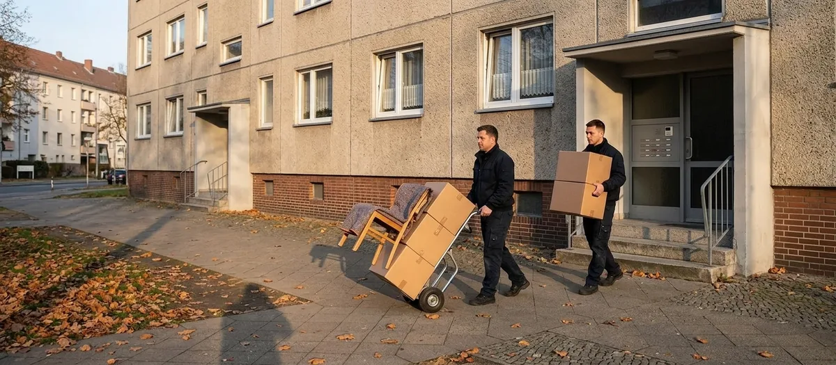 Tiefe Spätnachmittagssonne an einer hohen Wohnscheibe: Ein Träger zieht eine mit Kartons und Stühlen beladene Sackkarre über den Plattenweg, ein zweiter trägt zwei Kartons zum Hauseingang, ringsum liegt Herbstlaub.
