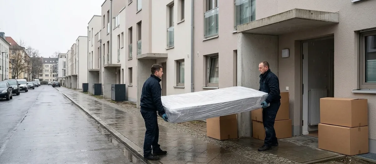 Regennasse Straße vor modernen Reihenhäusern: Zwei Träger tragen eine in Folie eingeschweißte Matratze unter das Vordach des Hauseingangs, daneben stehen bereits abgestellte Kartons.