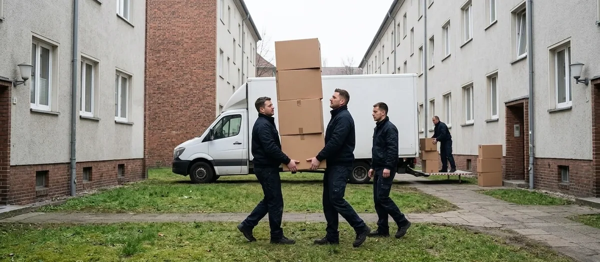 Drei Träger gehen mit einem hohen Kartonstapel über den Rasen zwischen zwei schlichten Wohnzeilen, im Hintergrund steht der Kastenwagen mit ausgefahrener Ladebordwand an einem grauen Morgen.