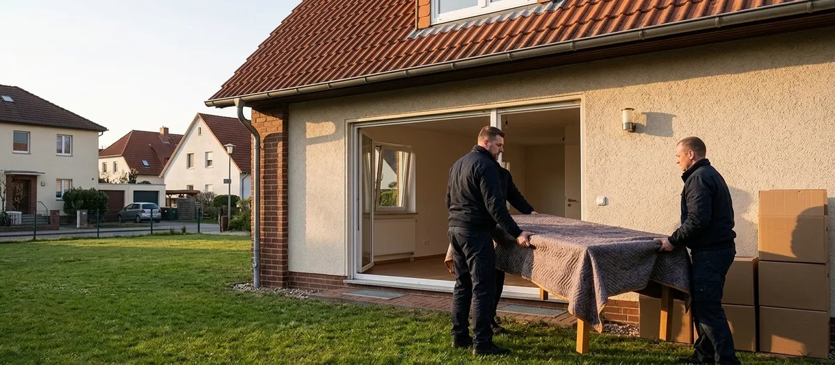 Sommerabend an einem freistehenden Einfamilienhaus: Zwei Träger schieben einen abgedeckten Esstisch durch die breite Terrassentür ins Freie, daneben stapeln sich Kartons auf dem Rasen.