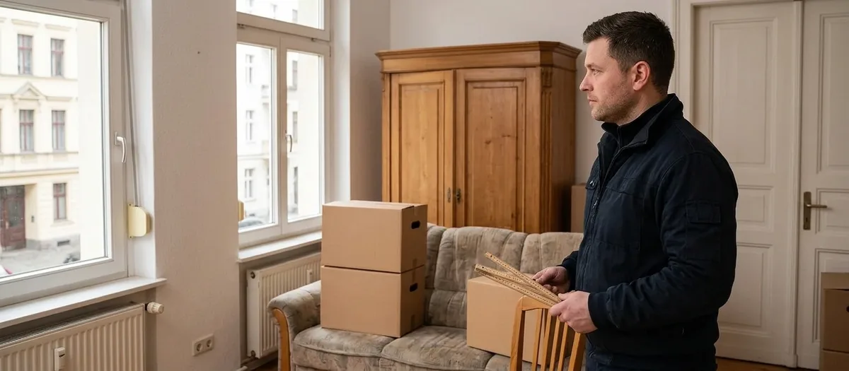 Besichtigung vor dem Angebot: Ein Mitarbeiter steht mit aufgeklapptem Zollstock in einem möblierten Wohnzimmer und schaut über Sofa, Schrank und die bereits gepackten Kartons.