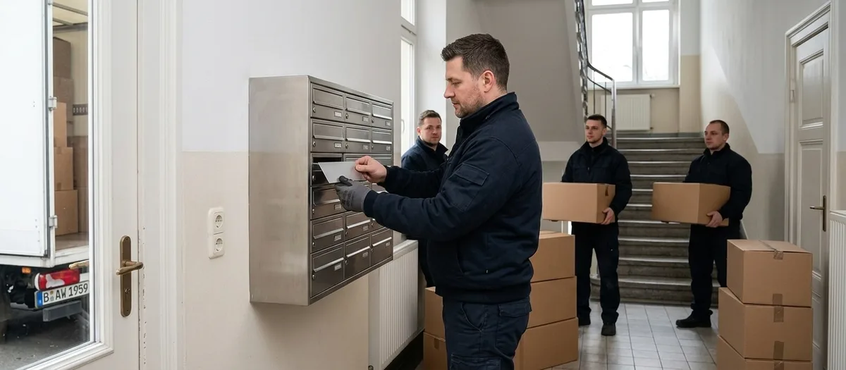 Ein Mann schiebt im Hausflur ein leeres Namensschild in eine Briefkastenanlage aus Edelstahl, im Hintergrund tragen drei Kollegen Kartons zur Treppe.